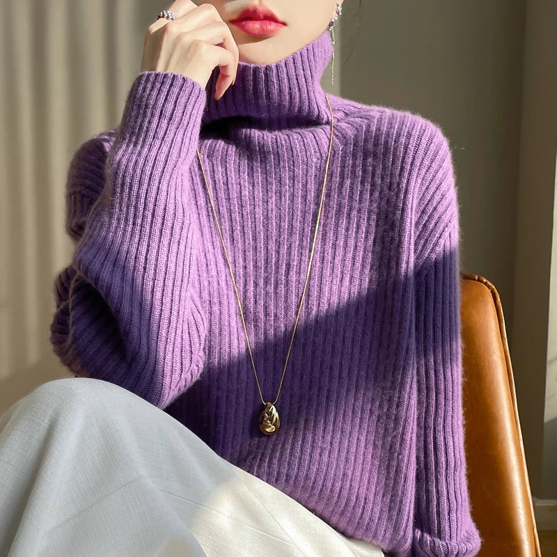 Ribbed 100% Wool Turtleneck